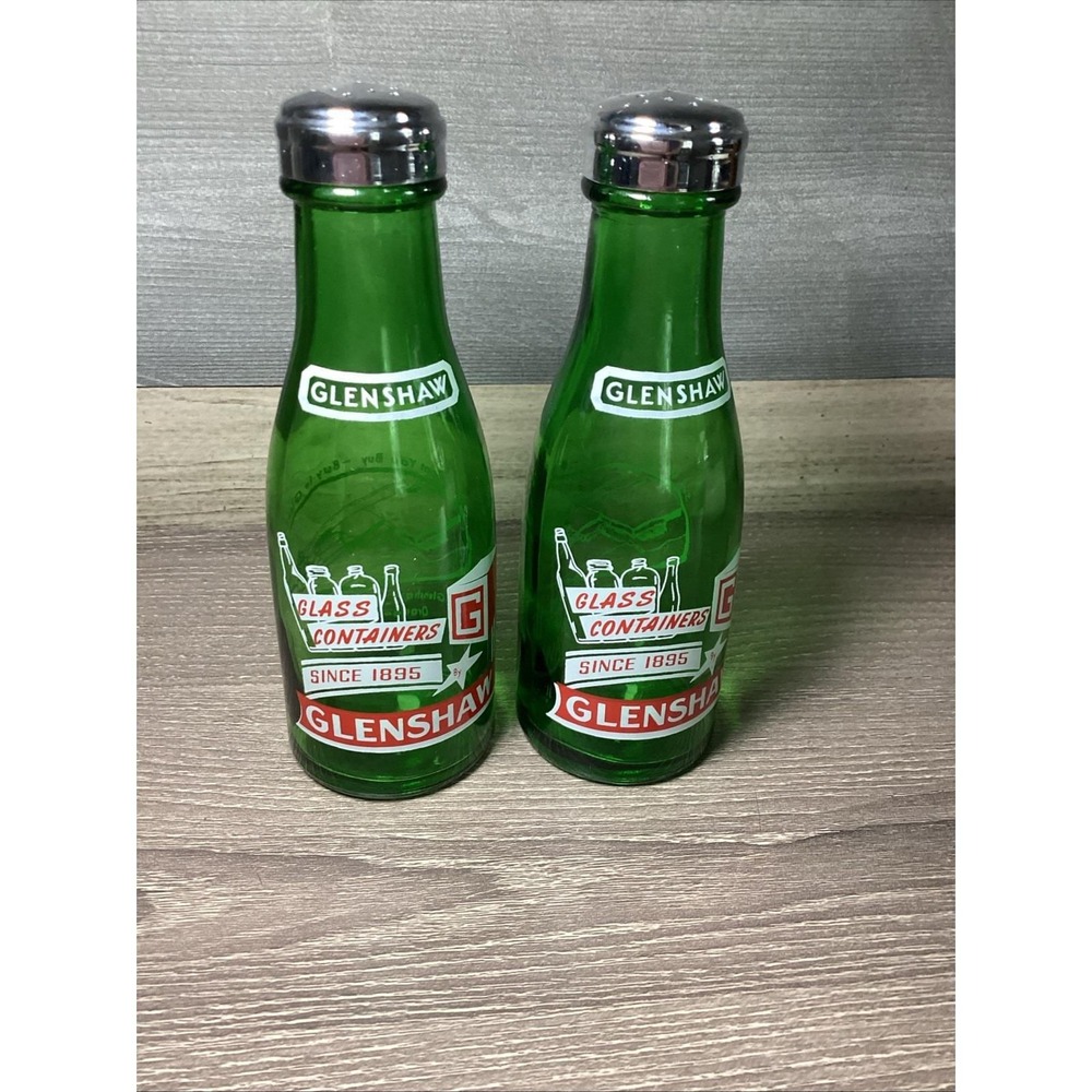 Vintage Glenshaw Glass Co Mini Bottle Salt Pepper Shakers Set Green 1895